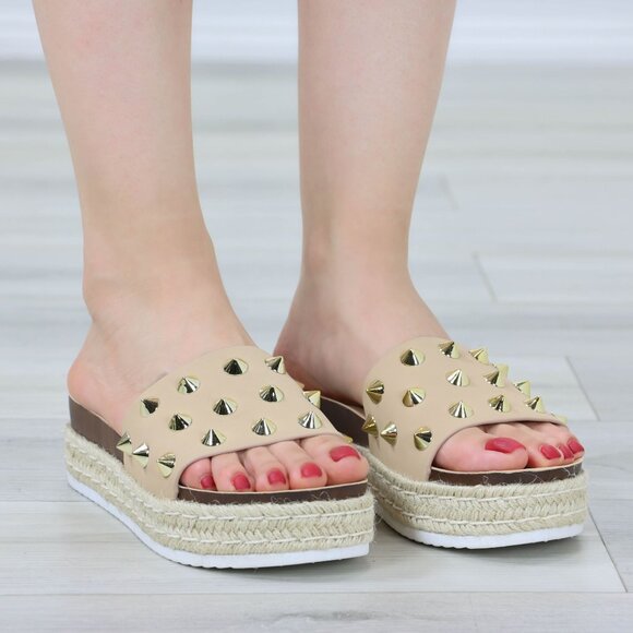 Beige Platform Sandals Gold Studded Slip On Braided Jute Sole Open Toe - Picture 8 of 12